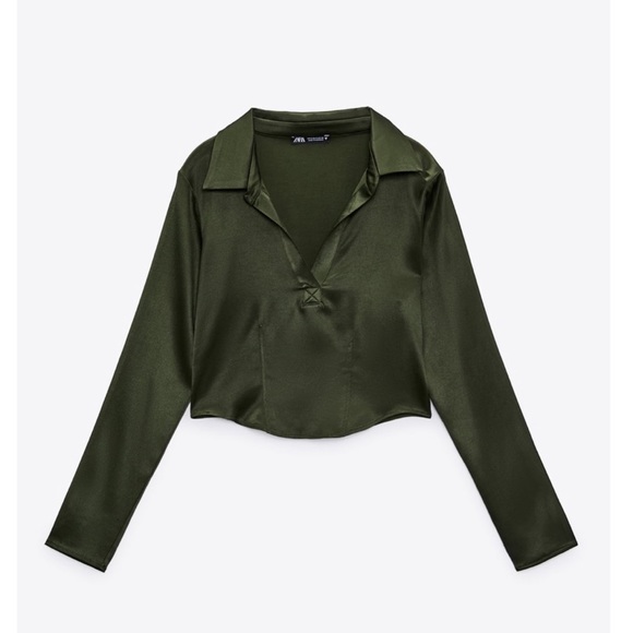 Zara satin effect polo top green - Picture 6 of 10